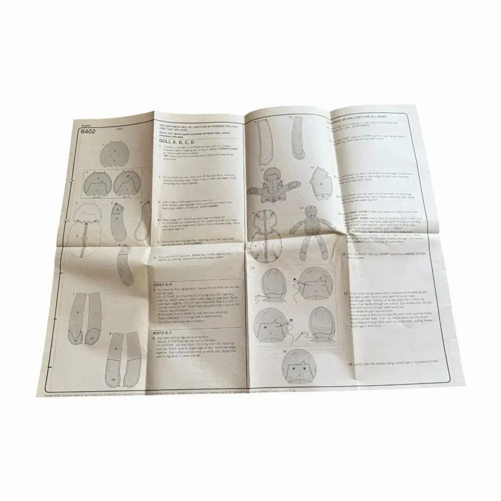 Simplicity 8402 Rag Doll Sewing Pattern Soft Dolls One Size Complete Cut